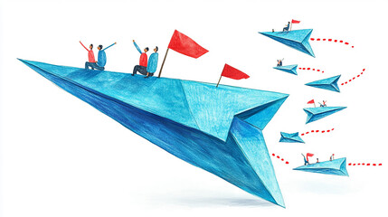 Naklejka premium A large blue paper airplane with small people walking towards a red flag.