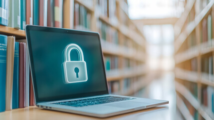 A laptop displaying a lock icon is set on a library desk, symbolizing digital security and data protection amidst bookshelves.