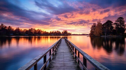 Fototapeta premium A breathtaking sunrise panorama over a peaceful lake, with the sky showcasing vibrant colors of dawn