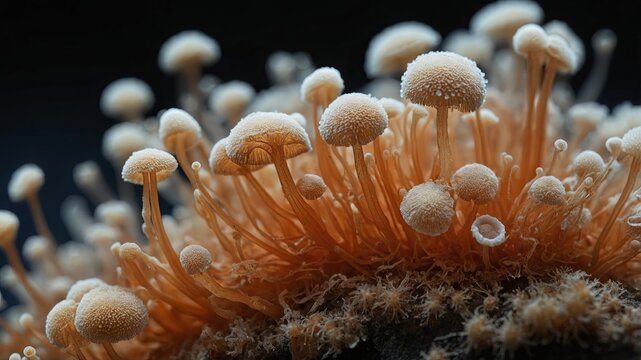 Detailed macro view of mushrooms and their spores under the microscope