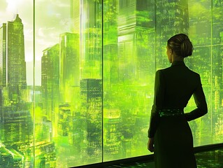 Empowering Vision: A Woman in Formal Attire Observing a Futuristic Urban Landscape - Perfect for Sports Interiors or Inspirational Wall Art