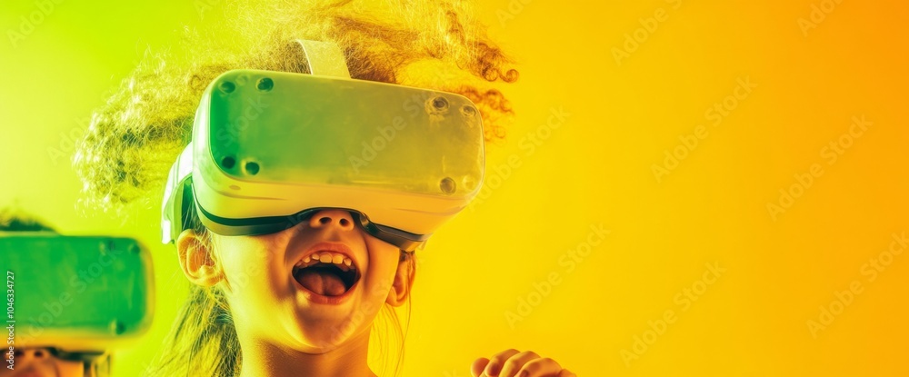 Aufkleber Joyful Child Exploring Augmented Reality with VR Headset in Vibrant Colors
