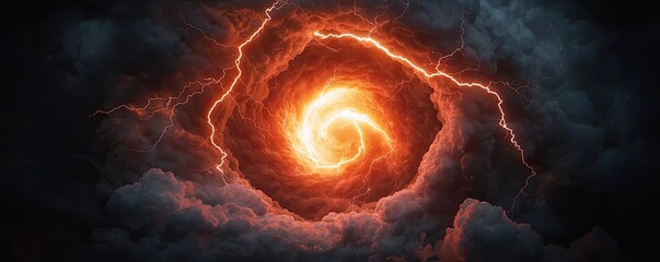 A swirling vortex of intense flames and dark clouds, depicting nature's fury.
