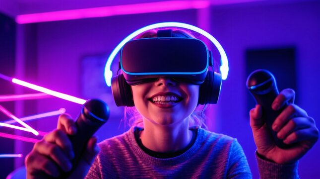 Teenage girl smiles in neon-lit room with VR goggles, immersed in a vibrant, futuristic virtual reality experience