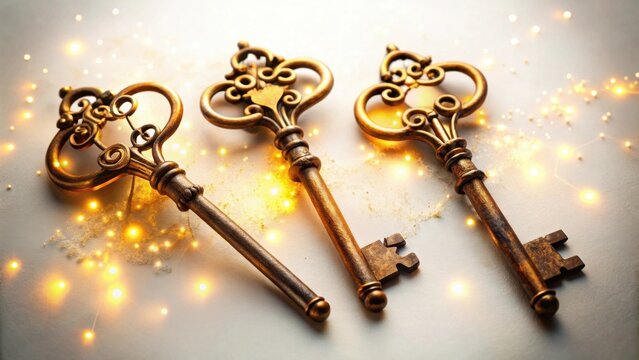 Antique keys with magical glowing lights, old keys, antique, keys, magical, glowing, lights, vintage, rustic, ornate