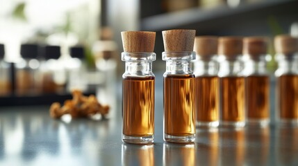 Close-up of elegant glass bottles filled with aromatic liquid, featuring wooden corks on a reflective surface, ideal for showcasing flavor profiles.