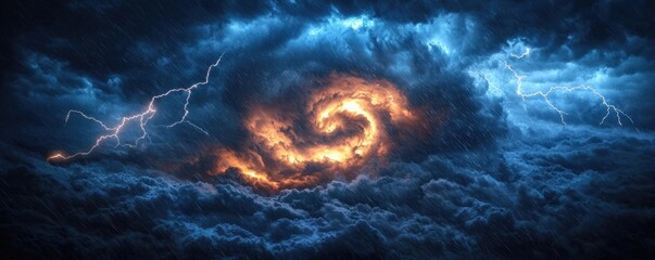 Dramatic swirling storm clouds with lightning and fiery colors in the sky.