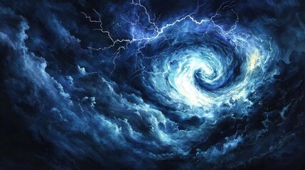 Dramatic swirling storm clouds with lightning in deep blue tones.