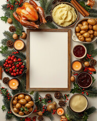 flat lay mock-up of a large white blank poster with a retro  thin wooden frame, including a roasted turkey with intricate textures, mashed potatoes, gravy, cranberry sauce, and festive sides