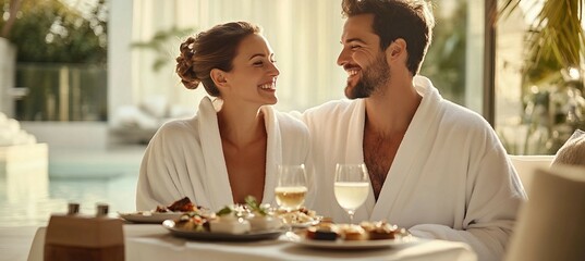 Romantic Couple Enjoying Breakfast in a Luxurious Hotel Room