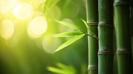 Obraz premium Close-up of vibrant green bamboo stalks bathed in soft sunlight, showcasing the delicate leaves and lush texture against a blurred background.