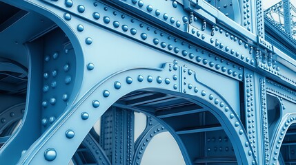 Naklejka premium Close-up view of a blue metal bridge structure highlighting intricate details and unique design features.