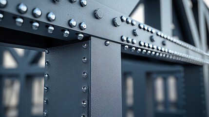 Close-up view of a metallic structure showcasing rivets and beams, highlighting industrial design details against a blurred background.