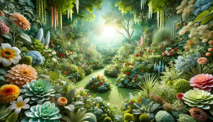 Fototapeta premium Enchanting Garden with Flourishing Plants and Flowers