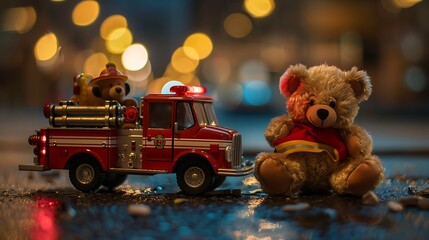A toy fire engine and a plush bear saving the day