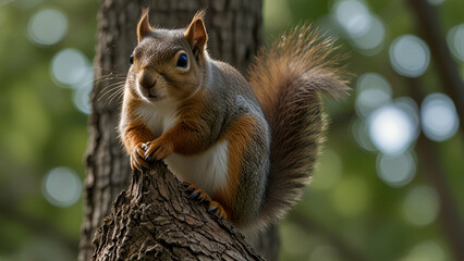 Obraz premium Curious squirrel perched on a tree, enjoying an acorn with playful delight