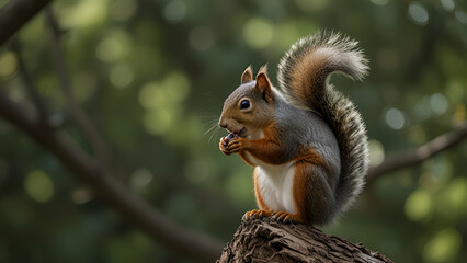 Obraz premium Curious squirrel perched on a tree, enjoying an acorn with playful delight