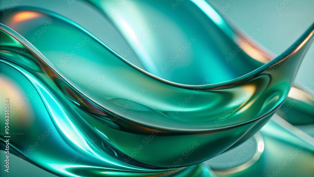 Poster Abstract background with green and blue fluid glass waves. 3d abstract liquid glass transparent clear ribbon wave line on green background with palm leaf shadow. Water fluid flow curve shape