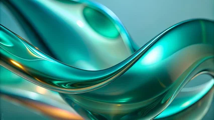 Abstract background with green and blue fluid glass waves. 3d abstract liquid glass transparent clear ribbon wave line on green background with palm leaf shadow. Water fluid flow curve shape