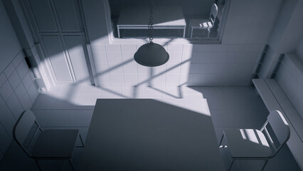 Fototapeta premium Interrogation room scene premium photo 3d renderA dark room with a table and two chairs. The room is empty and the light is shining through the windows