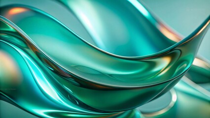 Abstract background with green and blue fluid glass waves. 3d abstract liquid glass transparent clear ribbon wave line on green background with palm leaf shadow. Water fluid flow curve shape
