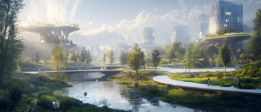 Futuristic City Designed for Wellness and Harmony in Digital Painting