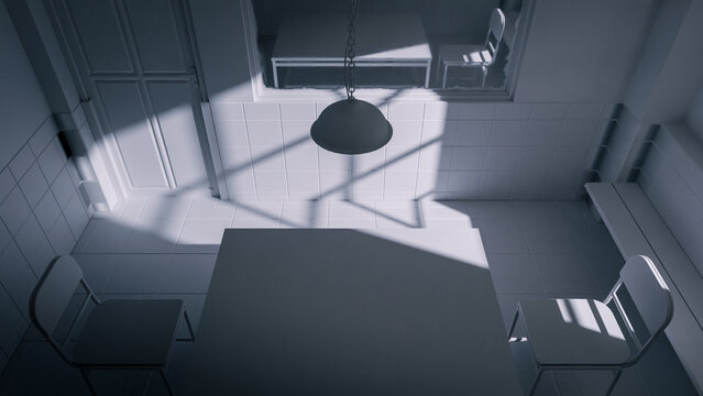 Interrogation room scene premium photo 3d render

A dark room with a table and two chairs. The room is empty and the light is shining through the windows