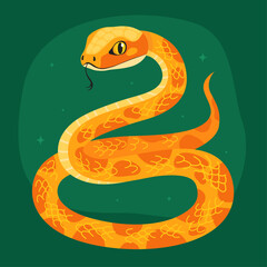 Fototapeta premium Cute yellow snake on a green background. New Year of the Snake, Lunar New Year or Chinese New Year. Animal zodiac cartoon character, mascot, symbol of the year. Illustration for greeting card.