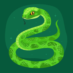 Cute green snake on a dark green background. New Year of the Snake, Lunar New Year or Chinese New Year. Animal zodiac cartoon character, mascot, symbol of the year. Illustration for greeting card.