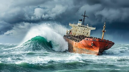 A cargo ship navigates through turbulent waters, battling high waves under a stormy sky.
