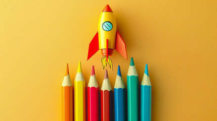 rocket and colorful pencils on yellow background