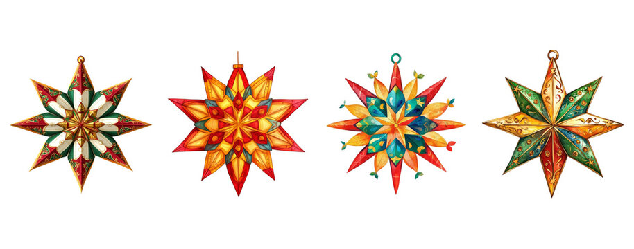 Festive parol or Christmas lanterns in the Philippines, watercolor illustration, white background
