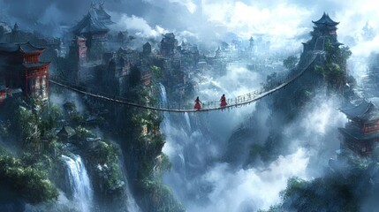 Fototapeta premium Fantasy Asian Cityscape with Suspension Bridge and Waterfall