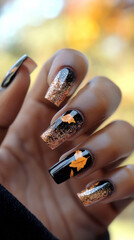 Woman hand with manicure in fashion shimmering golden black orange autumn Halloween pattern. Pretty acrylic gel polish stiletto nail manicure wear armor long nails pose for spa salon advertising