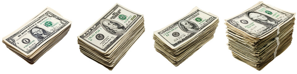 Set of a stack of dollar bills, neatly arranged, showing fine details and textures of currency, isolated on transparent background.