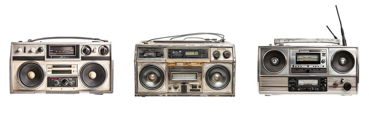 Set of a vintage boombox, featuring classic buttons and speakers, with retro design details, isolated on transparent background.