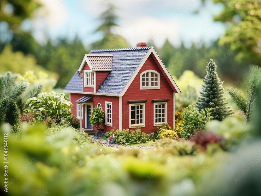 Wall mural Small Red House in Garden