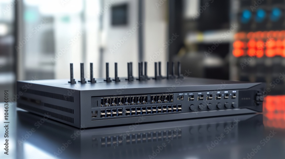 Aufkleber Network switch with QoS: A network switch configured with Quality of Service (QoS) settings, prioritizing traffic for critical applications like VoIP, video streaming, 