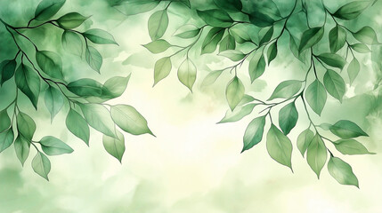 Fototapeta premium A watercolor-style background evoking the fresh, early summer breeze, featuring vibrant, lush green leaves gently swaying in the wind