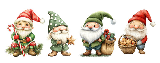 Collection of gnomes in Christmas attire, watercolor illustration in black background
