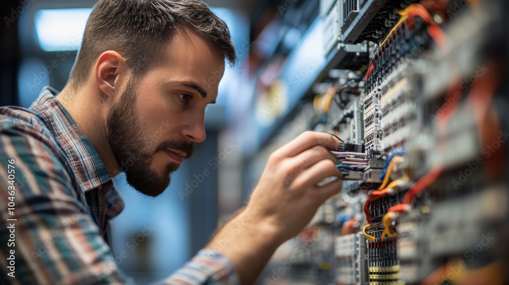 Poster Network switch troubleshooting: A technician diagnosing and troubleshooting issues with a network switch, using diagnostic tools or software to resolve network problems.