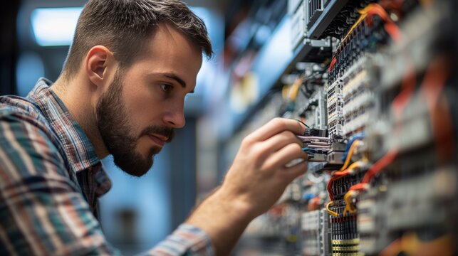 Network switch troubleshooting: A technician diagnosing and troubleshooting issues with a network switch, using diagnostic tools or software to resolve network problems.