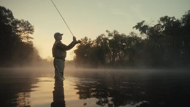 Young fly fisherman casting on a foggy river at sunrise