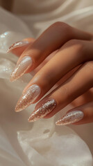 Naklejka premium Woman hand with manicure in fashion shimmering silver golden. Pretty elegant acrylic gel polish stiletto nail manicure wear armor long nails pose for spa salon xmas winter web advertising branding
