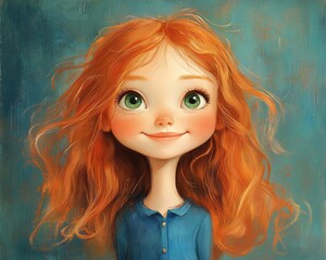 Obraz premium Charming portrait of a girl with flowing red hair, green eyes filled with joy, and a beaming smile, dressed in a blue shirt