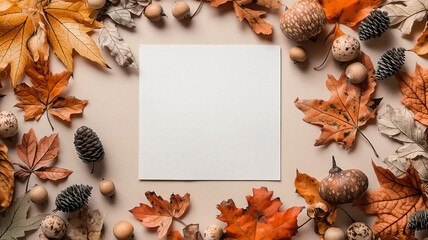 An autumn background featuring fall decor, with a blank template or invitation mock-up. 