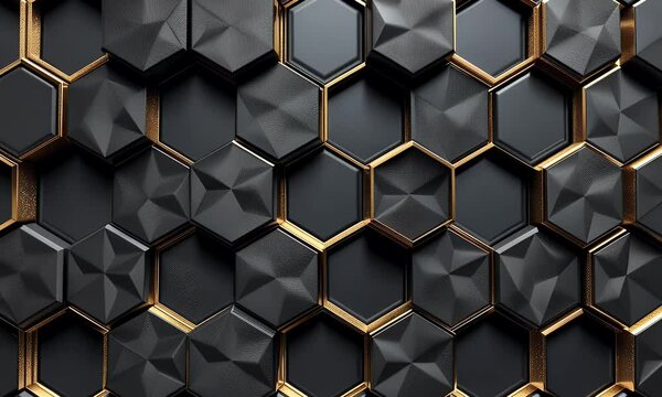 Abstract black background with golden lines and cubes, luxury geometric pattern for presentation design. 