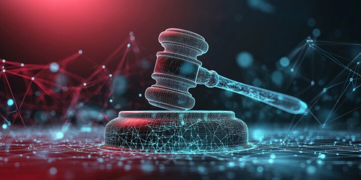 Wooden gavel platform futuristic background is center made Legal hammer emphasizing digital