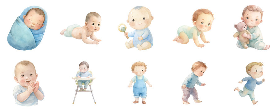Baby development stages, featuring swaddled newborns, crawling infants and toddlers taking first steps, watercolor illustration set. Each element isolated on transparent background