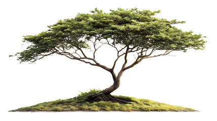 A majestic tree with sprawling branches and vibrant green foliage stands tall against a transparent background.